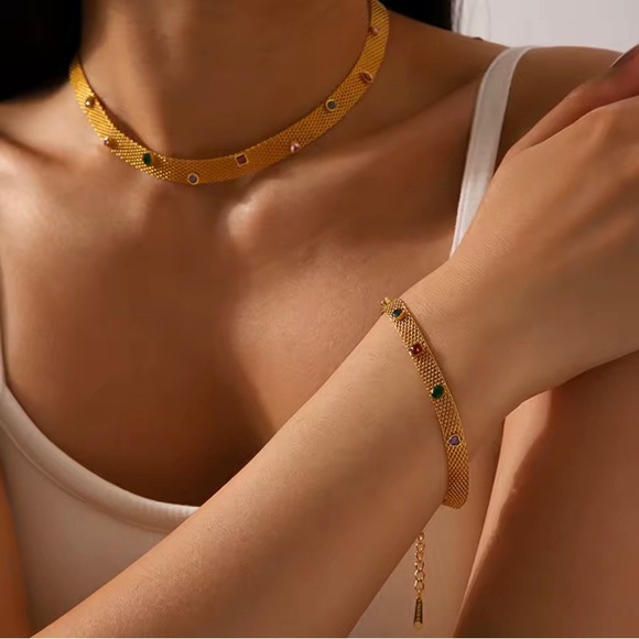 Zara Gold Mesh Necklace with Multicolor Gems - Picture 1 of 14